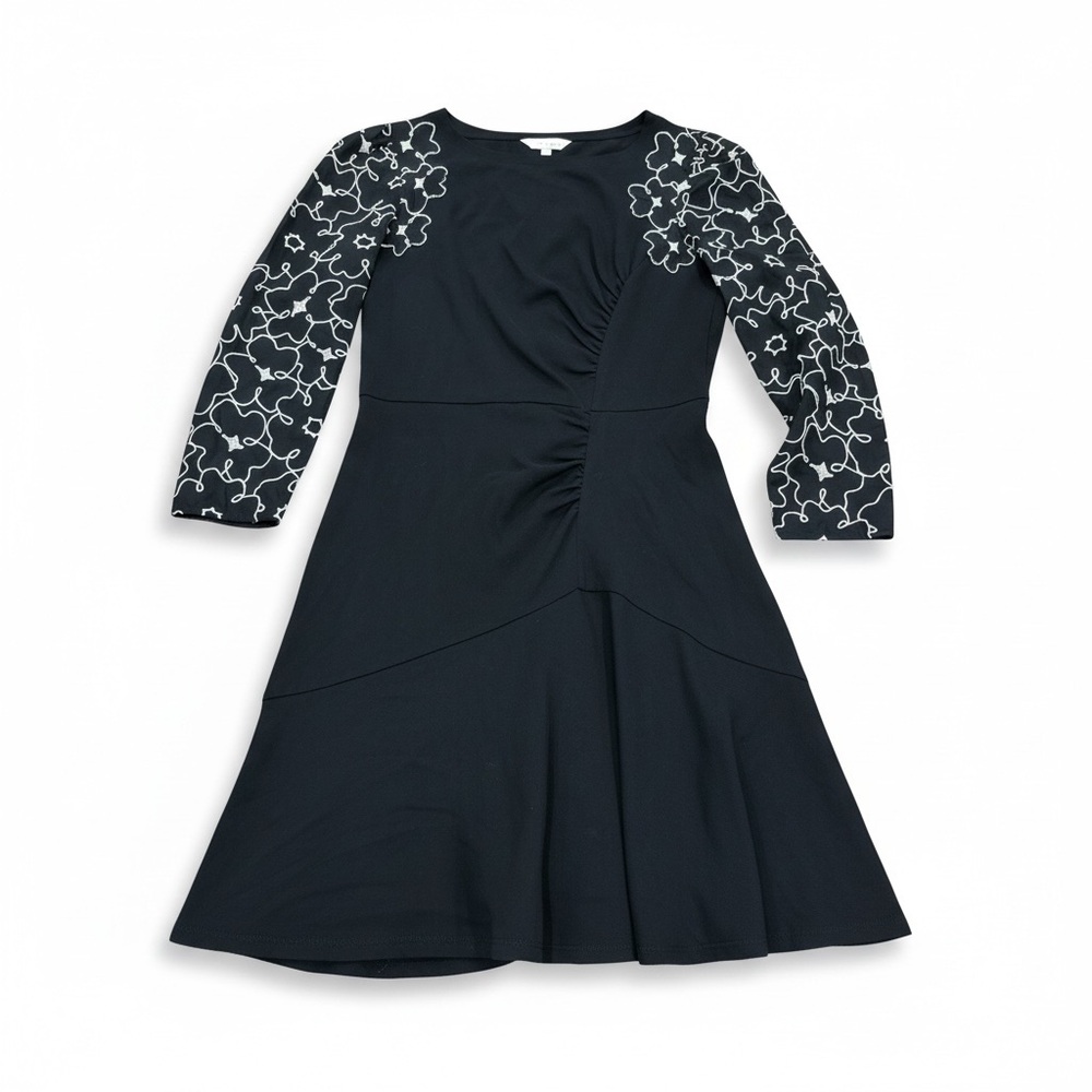 Rebecca Taylor Cotton Silk Black Embroidered Asymmetrical 3/4 Sleeve LBD 0
